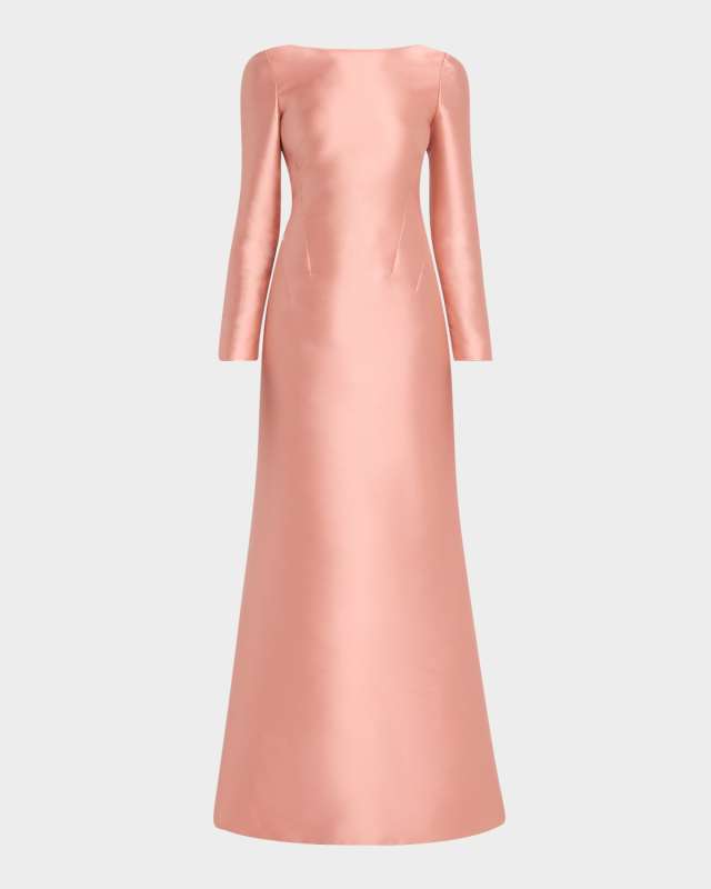 Long-Sleeve Back-Tie Mikado Gown